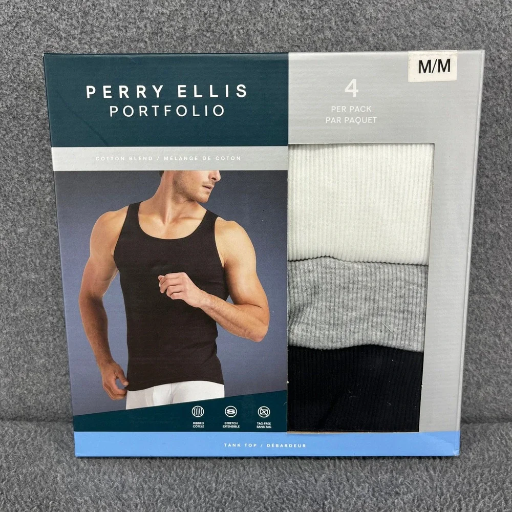 Perry Ellis Portfolio Tank Top Mens M Multicolor 4 Pack Ribbed Cotton Blend New